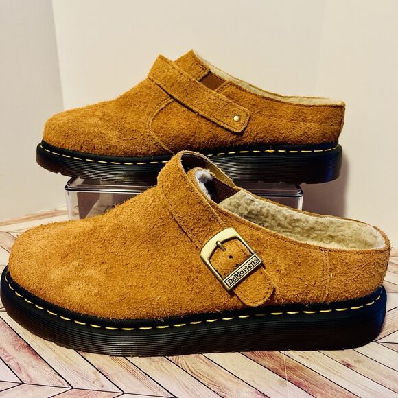 Dr Martens Isham Faux Shearling Suede Slingback Mule M 11 L 12 Pecan Brown Hairy - Picture 2 of 9
